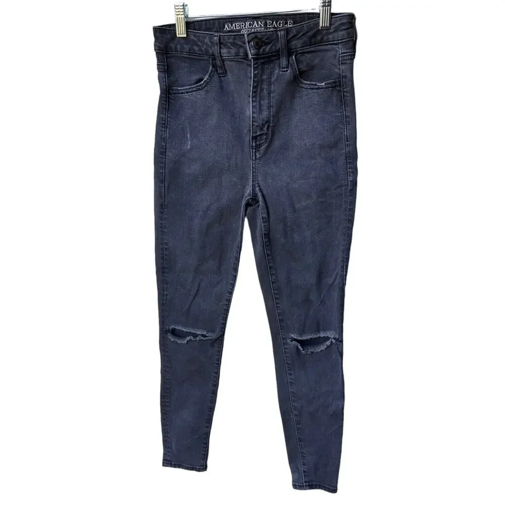 american eagle faded black high waisted skinny‎ jeans with rips women size 4
